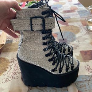 Crystal studded boots, lace up and buckle, 5 inch platform he’ll 2 1/2 “ feont
